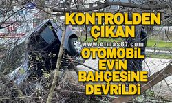 Kontrolden çıkan otomobil evin bahçesine devrildi