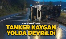 Tanker kaygan yolda devrildi: 1 yaralı