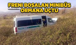 Freni boşalan minibüs ormana uçtu