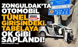 Otomobil tünel girişindeki tabelaya ok gibi saplandı