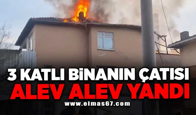 Çaresiz anlar! 3 katlı binanın çatısı alev alev yandı