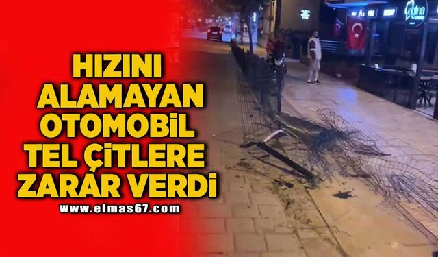 Çaycuma'da hızını alamayan otomobil tel çitlere zarar verdi