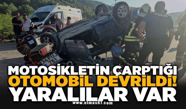 Motosikletin çarptığı otomobil devirildi: 4 yaralı
