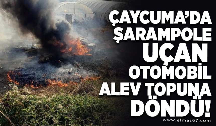 Şarampole uçan otomobil alev topuna döndü