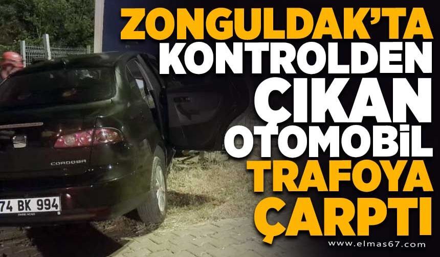 Zonguldak’ta kontrolden çıkan otomobil trafoya çarptı